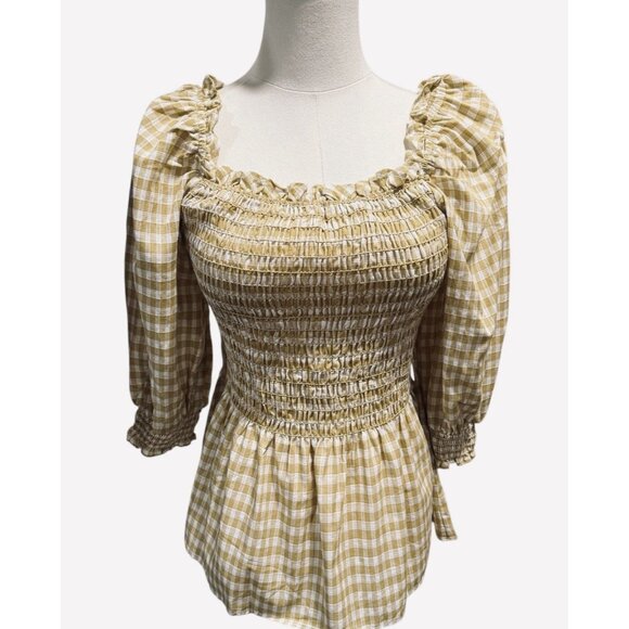 NWT Max Studio Womens Large Smocked Yellow Gold Gingham Puff Sleeve Peplum Top - Picture 5 of 12